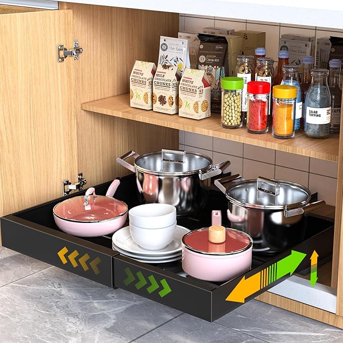 Mlinavn Pull Out Cabinet Organizer 21" Deep Expandable Slide Out Drawer Organizers,No Drill Roll Out Drawers Adhesive with Nano Compatible Framed Cabinets Shelves for Kitchen Pantry Adjustable Width