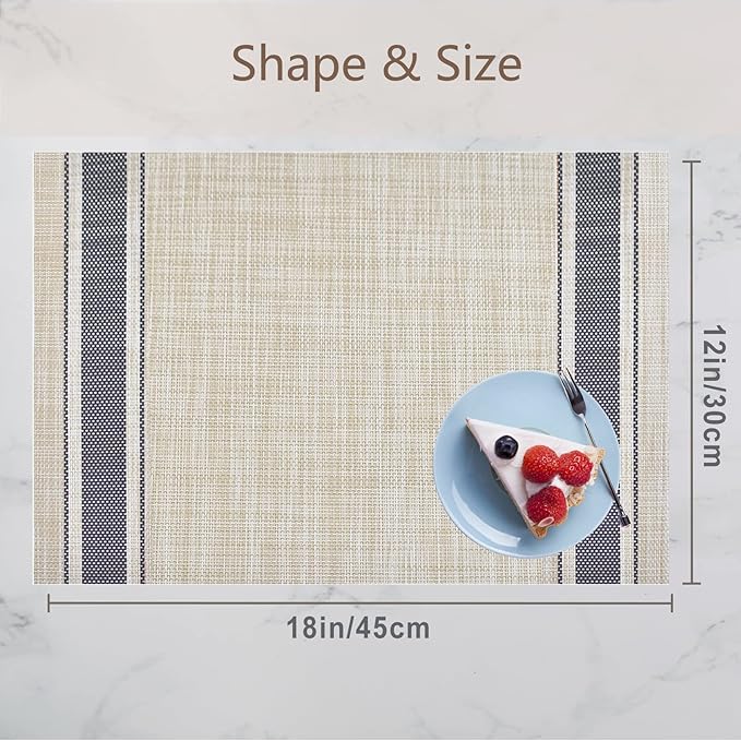 DACHUI Placemats Set of 4, Soft & Elegant Woven Vinyl Place Mats, Water Resistant, Heat Resistant, Washable, Durable Table Mats (Blue Stripes)