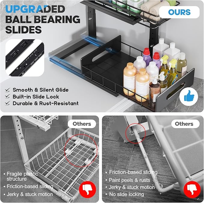 Under Sink Organizer Upgrade To Professional Rails,2-Tier Dual Pull Out Cabinet Storage,Height Adjustable Slide Out Drawers For Bathroom Kitchen,2 Pack-14.5"Dx12.8"-16.9"H,Black