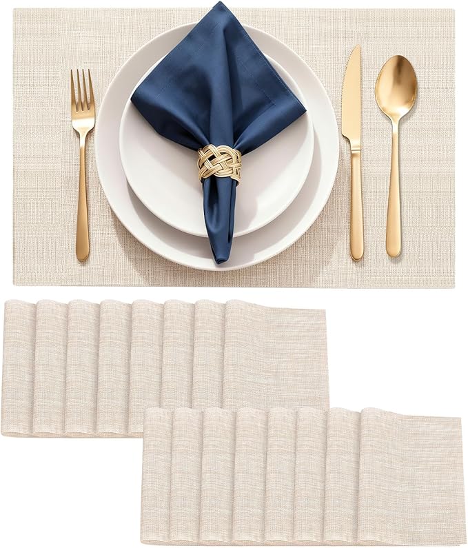 Durable Vinyl Placemats Set of 16, Non-Slip for Dining Table Mat, Heat Resistant Place Mats, Washable Anti-Slip PVC Easy to Clean Wipeable Premium Plastic Mats for Kitchen Beige