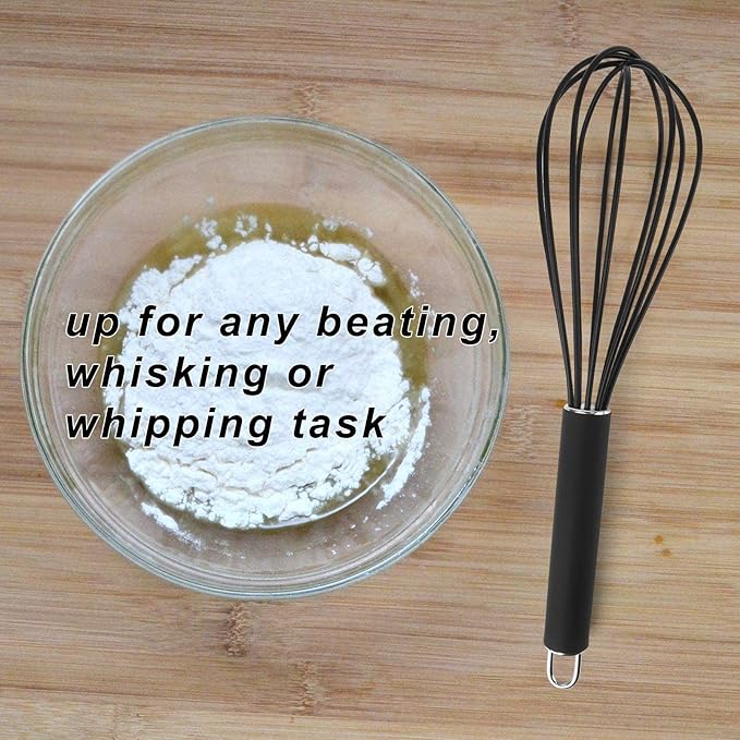 GorGin high temperature and easy to clean silicone whisk, stirrer, 10 inch, grip good grip design for Blending Whisking Beating Stirring Cooking Baking (1 Pack | black)
