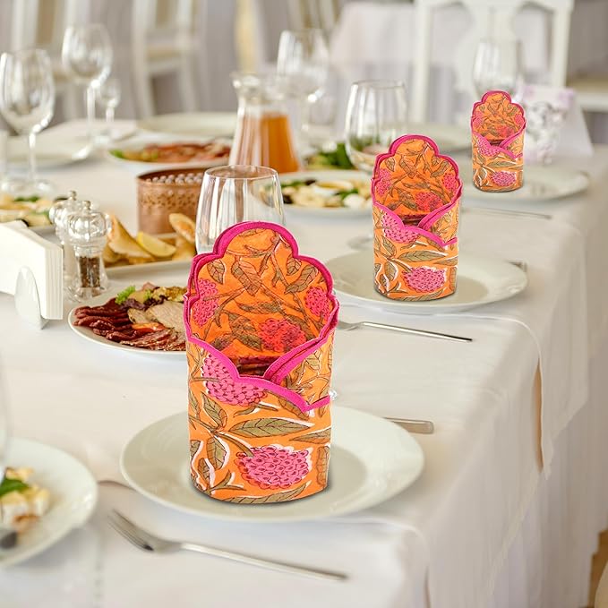 Ridhi Hand Block Print Bubblegum Pink 18" x 18" (Set of 4) Embroidery Table Napkins Reusable Cotton Dinner Napkins for Weddings, Parties, Everyday Dining Gift for Spring, Easter, Valentine