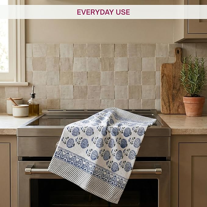 ATOSII 100% Cotton Hand Block Print Waffle Kitchen Towel, Set of 3, 18 x 26 Inches Ultra Absorbent Quick Dry Dish Towels, Lightweight Reusable Sustainable Tea Towels for Cleaning and Drying, Roma Blue
