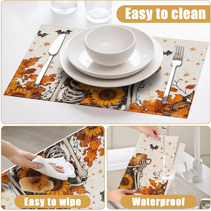 Fall Skull Sunflower Placemats Set of 6, Halloween Bat Linen Place Mat Washable Stain Resistant Table Mats for Farmhouse Kitchen Dining 12x18 Inch