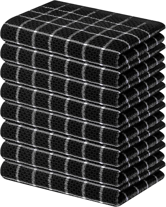 Homaxy 100% Cotton Kitchen Towels 8 Pack-15 X 25 Inches, Check Design Waffle Weave Hand Tea Towels, Super Soft and Absorbent Dish Towel for Drying Dishes, Black&White