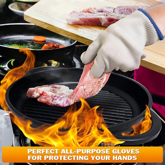 2 Pair Heat Resistant Gloves for Cooking – 9.5" Aramid Fibre Oven Gloves with Fingers, Non-Slip BBQ Grill Protector for Baking, Frying & Smoker – Reusable Heat Protection for Safe Cooking & Grilling