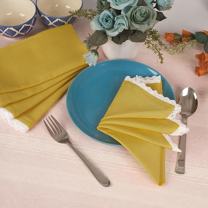 FINGERCRAFT Dinner Cloth Napkin Cotton Linen Blend 12 Pack Mitered Corners with Elegant Lace for Everyday Use Napkins are Pre Shrunk and Good Absorbency 20in x 20in, Gold Easter Color