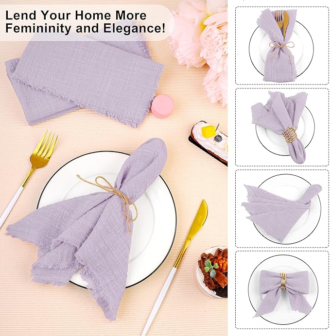 TURSTIN 12 Pieces Cotton Linen Cloth Napkin Handmade Cloth Napkin with Fringe 17 x 17 Inch Soft Dinner Wedding Napkins Square Rustic Fringe Table Napkins for Dinners, Parties, Lavender Purple