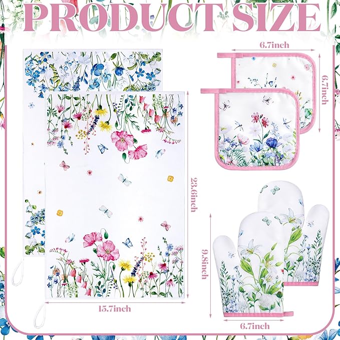 Leinuosen 6 Wild Flower Kitchen Towels Kitchen Decor and Accessories Set Floral Plant Oven Mitts and Pot Holders Sets Farmhouse Absorbent Dish Towels for Cooking Baking Grilling