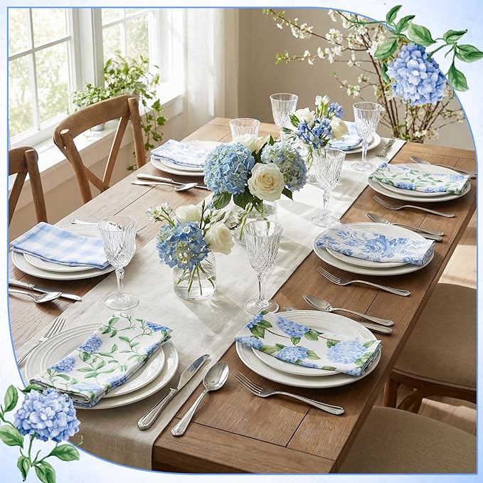 Blue Hydrangea Cloth Napkins 6 Patterns Washable Dinner Tea Party Napkins Reusable Plant Flowers Square Napkin Cotton Towel Decorative for Spring Wildflower Party(Blue Hydrangea,24 Pcs)