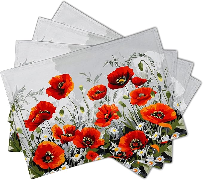 Giwawa Poppy Flowers Placemats Set of 4, 12"x18" Rustic Red Orange Floral Linen Place Mat, Spring Summer Washable Non-Slip Table Mats for Kitchen Dining Party Picnic Indoor Outdoor Decor