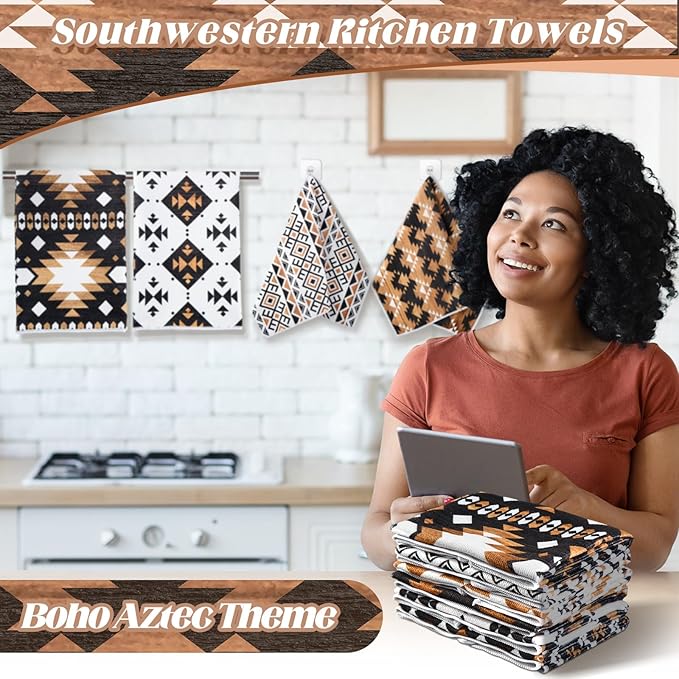 Breling Set of 6 Western Aztec Kitchen Towels Vintage Themed Dish Towel Bathroom Decorative Rustic Cloths for Kitchen Bathroom Home Cooking Housewarming, 14 x 21 Inch