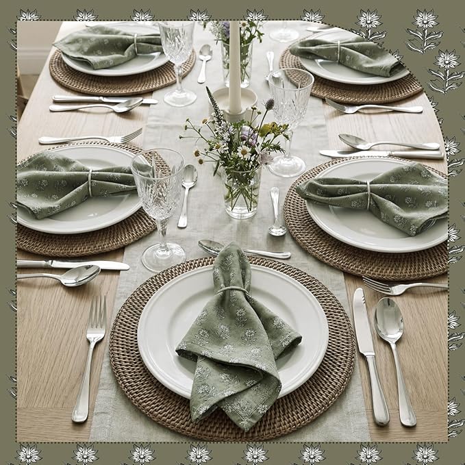 Mindsoft Set of 12 Floral Cloth Napkins Linen Cloth Napkins Spring Flower Wildflowers Dinner Napkin 18 x 18 Inch Vintage Washable Reusable for Dinner Home Restaurant Wedding Decor(Green,12 Pcs)
