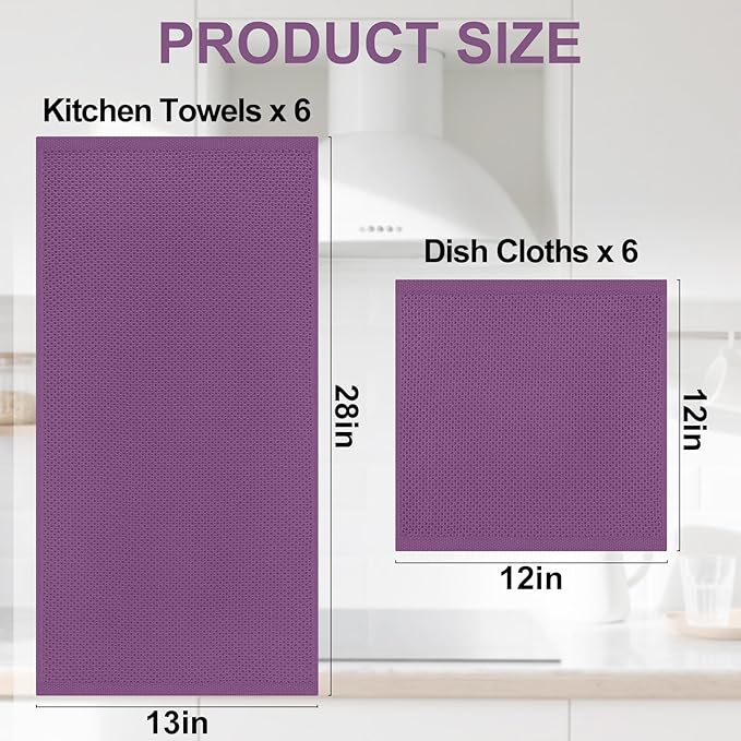 Homaxy 100% Cotton Kitchen Towels and Dishcloths Set, 12 x 12 Inches and 13 x 28 Inches, Set of 12 Bulk Kitchen Towels Set, Ultra Soft Absorbent Dish Cloths for Washing Dishes, Purple