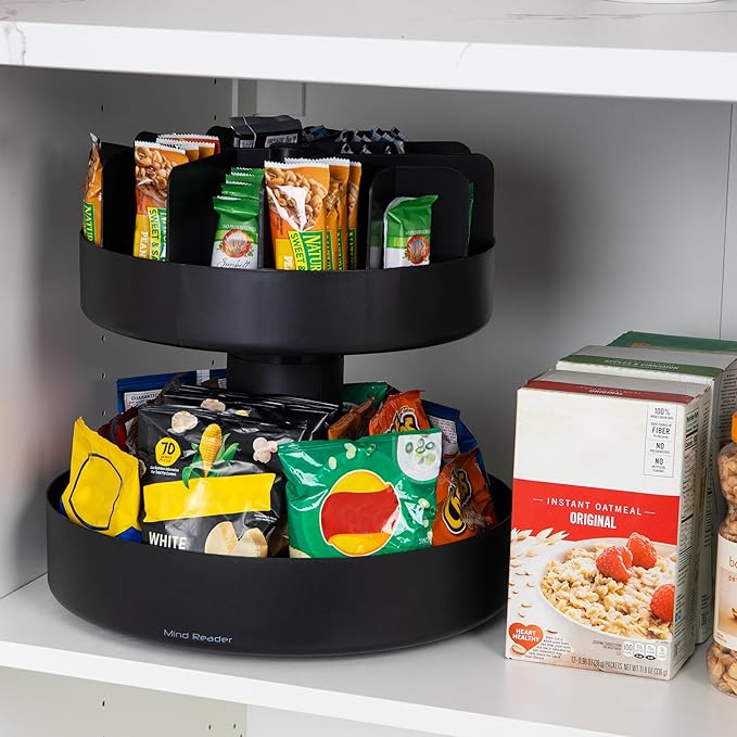 Mind Reader 2-Tier Snack Carousel, Countertop Organizer, Snack Tray, Breakroom, Kitchen, 14.25"L x 14.25"W x 14"H, Black