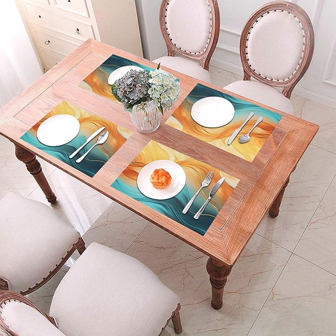 Orange Teal Marble Placemats Set of 4, Washable Non-Slip Heat-Resistant Kitchen Table Mats for Dining Outdoor Holiday Party Home Decor 12"x18", Linen Place Mats