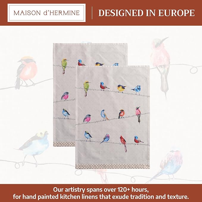 Maison d' Hermine Kitchen Towels Set of 2 100% Cotton 27.50" x 20" Reusable Cloth Tea Dish Towels Absorbent with Hanging Loop for Kitchen, Dining, Cocktail Parties Spring/Summer (Birdies on Wire)