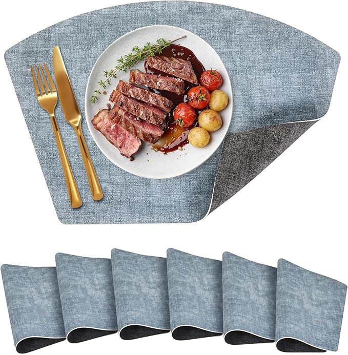 Round Table Placemats Set of 6, Dual-Sided Wedge Shape Faux Leather Table Mats, Washable Wipeable Heat Resistant Place Mats for Outdoor Indoor, Blue Gray
