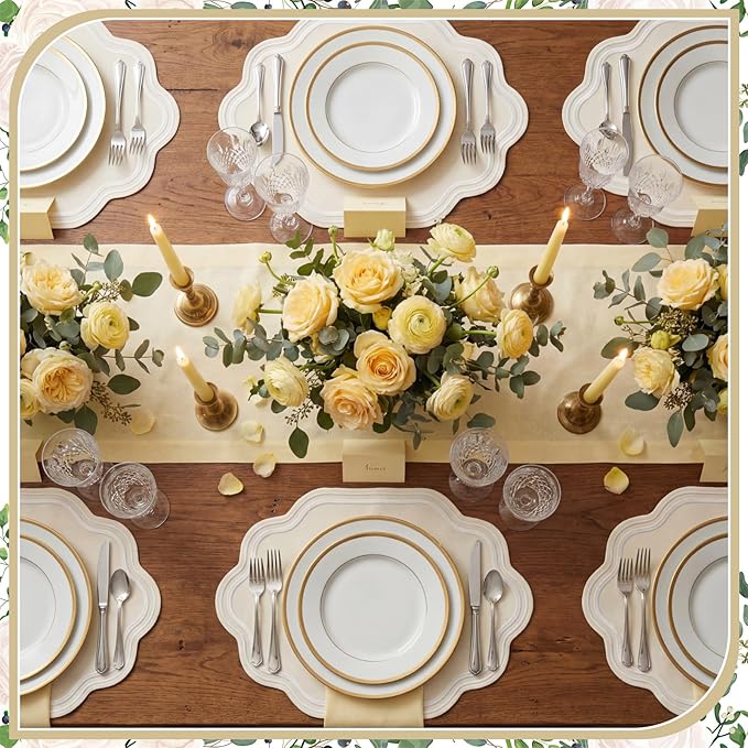 Breling 6 Pcs Wedding Placemats Scalloped Embroidered Cotton Linen Placemats 17" x 13" Double Layered Machine Washable Table Place Mat for Party Table Decor (Creamy Ivory)