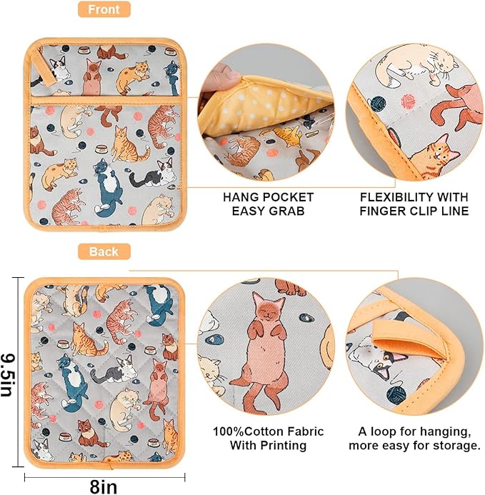Pot Holders Set of 2 Heat Resistant 480℉ Kitchen 100% Cotton Comfortable Lining Printing Fox Flower Women Men Home Cooking Baking Microwave BBQ Gift (Cat potholder)