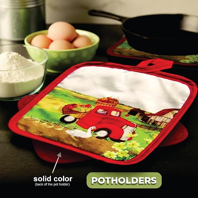 Lobyn Value Packs: 5 Piece Kitchen Towel Set with Vintage Red Truck Design, 2 Decorative Dish Towels (25 X15), 1 Oven Mitt (11 X 7) and 2 Potholders (6.5 X 6.5) for Countryside Elegance