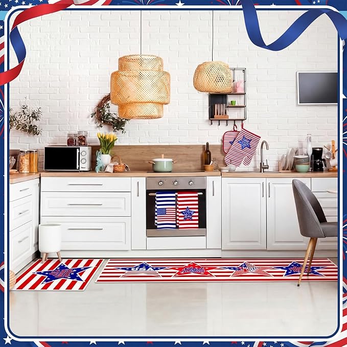 VitalCozy 10 Pcs Patriotic Kitchen Decor Set 4th of July Kitchen Towels and Rugs Pot Holders Oven Mitts Set for Independence Day Gift Cooking Baking Grilling Housewarming