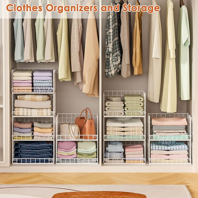 Yociyoga 8-Tier Stackable Closet Organizers and Storage Shelves, Foldable Closet Shelf Organizer, Stackable Storage Bins Drawers for Closet Organizer System, White(Patent Pending)