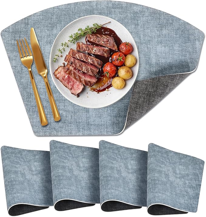 Round Table Placemats Set of 4, Dual-Sided Wedge Shape Faux Leather Table Mats, Washable Wipeable Heat Resistant Place Mats for Outdoor Indoor, Blue Gray