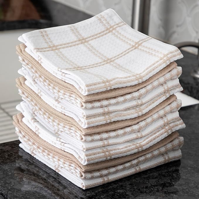 T-Fal Premium Waffle Dish Cloths: Highly Absorbent, Super Soft Long Lasting - 100% Cotton, 12"x13" Towel for Cleaning & Drying, (12-Pack), Sand