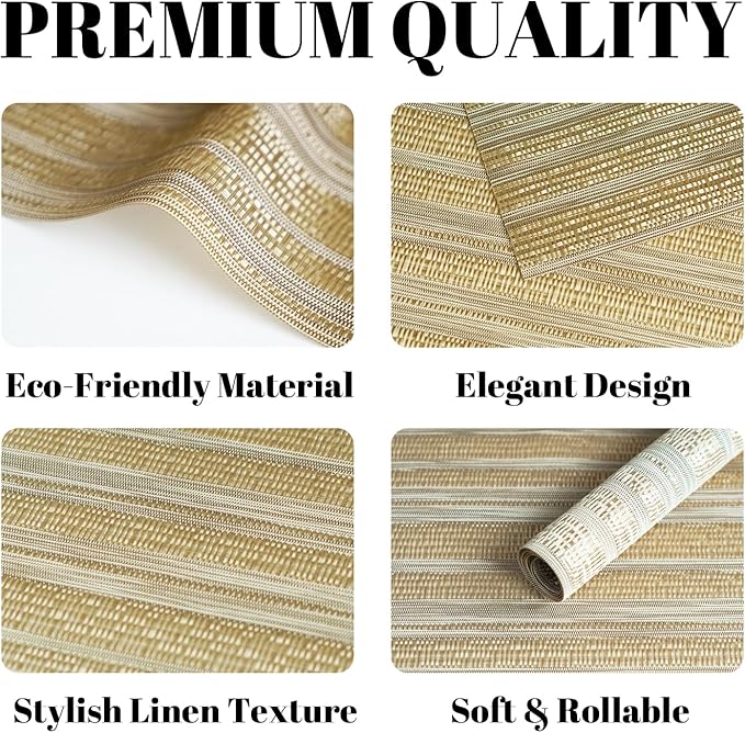 Placemats Set of 8 Vinyl/Plastic Woven Place Mats for Kitchen Table Indoor/Outdoor Washable Placemat Wipeable Dining Table Mats (Aurora Gold,8)