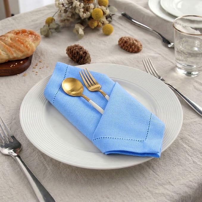 Palisa Light Blue Cotton Napkins Set of 4 | Premium Hemstitch Detailing Cloth Dinner Napkins 18x18 Inch | Soft Washable & Reusable Table Napkins for Everyday Use Weddings Parties Restaurants & Hotels