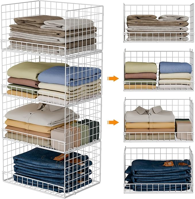 4-Tier Stackable Closet Organizers and Storage Basket, Foldable Closet Shelf Organizer System, Space-Saving Clothes Storage Drawer Organizer for Wardrobe, White (Patent Pending)