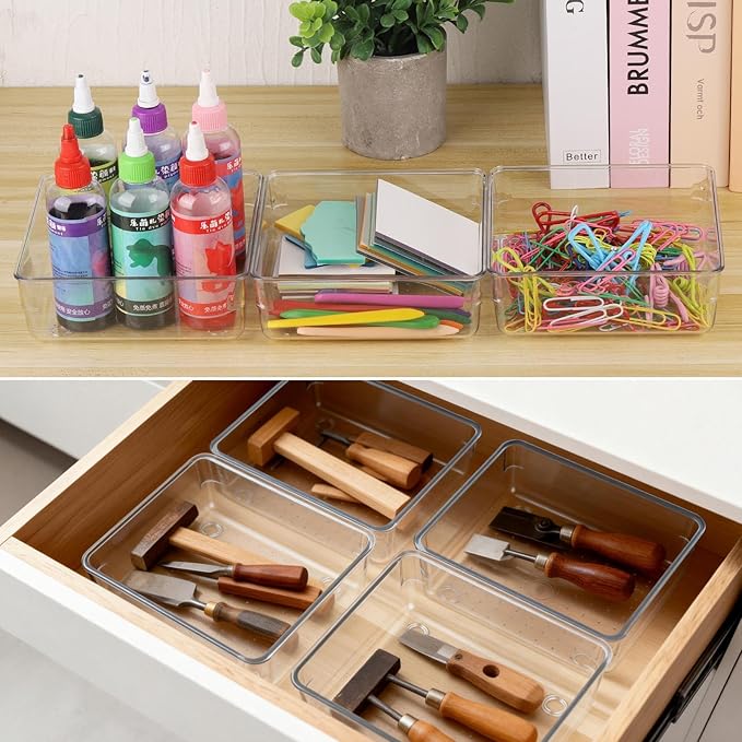 Ohlove 6 Pcs Large Clear Plastic Drawer Organizers Tray 6" x 6" Storage Bins with 25 Pcs Non-Slip Pads for Makeup, Jewelries, Kitchen Utensils, Bathroom and Office