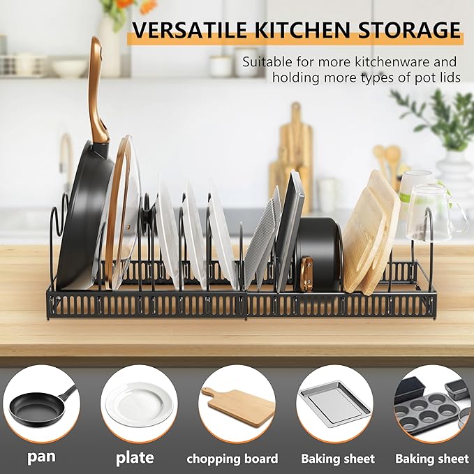 Pots and Pans Organizer Rack for Under Cabinet Expandable Pot Lid holders inside Organizer 10 Adjustable Divider Pan organizer 11.81''-22.85'' Pan lid organizer for cabinet Organizer for Bakeware