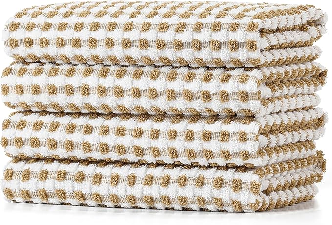 SALAS Cotton Dish Towels Cloths for Kitchen Drying Dishes, Lattice Terry Towels, Highly Absorbent Kitchen Cloths with Hanging Loop, 16‘’ x 26‘’,4 Packs, Beige