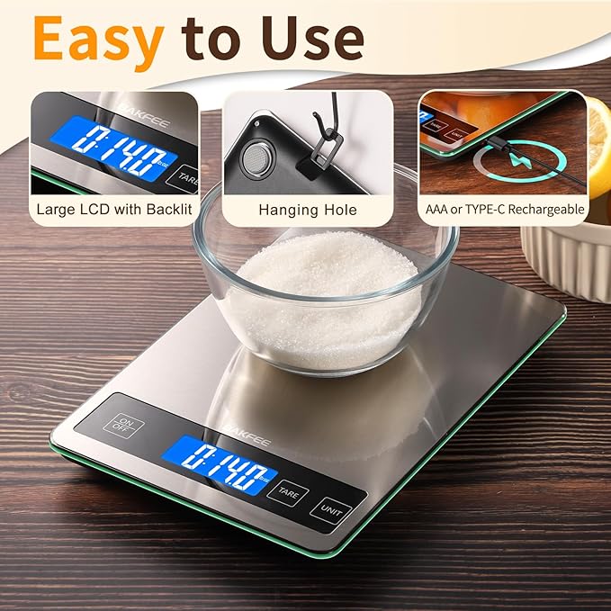 Food Scale, 33lb Digital Kitchen Scale with Stainless Steel & Tempered Glass, USB Rechargeable, 1g/0.05oz Precise Weighing, Splash-Resistant and Sturdy Surface, for Cooking, Baking, Weight Loss