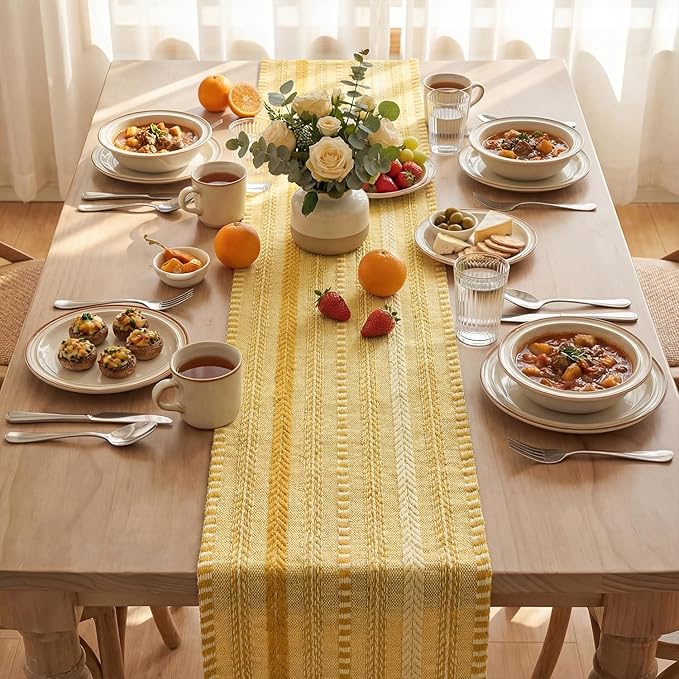 Artoid Mode Yellow Farmhouse Woven Table Runner, Seasonal Holiday Rustic Kitchen Dining Table Decoration for Home Party Decor 12x72 Inch