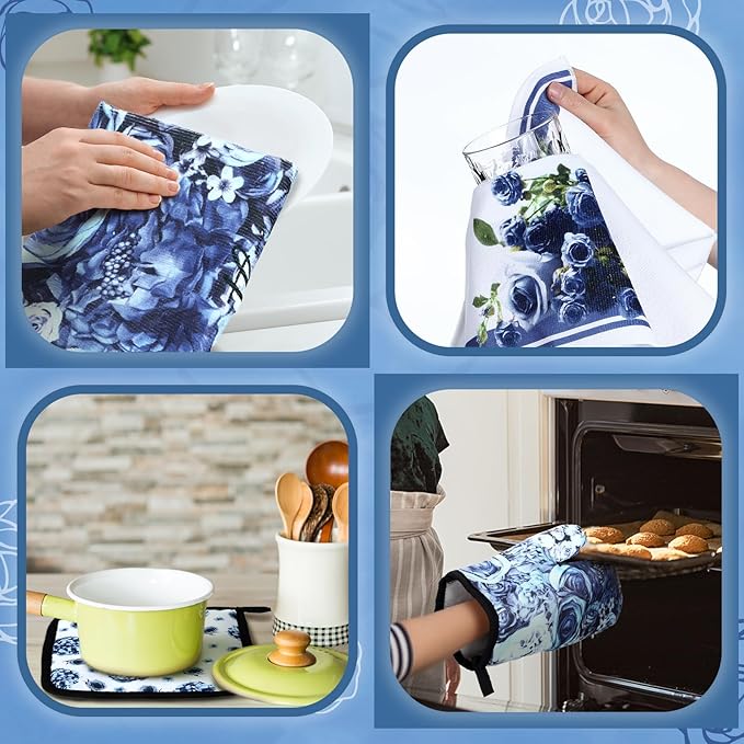 Leinuosen 8 Pcs Blue Rose Kitchen Towels and Dishcloths Sets Oven Mitts and Pot Holders Sets Absorbent Kitchen Gloves Potholders Heat Resistant for Chef Baking Cooking