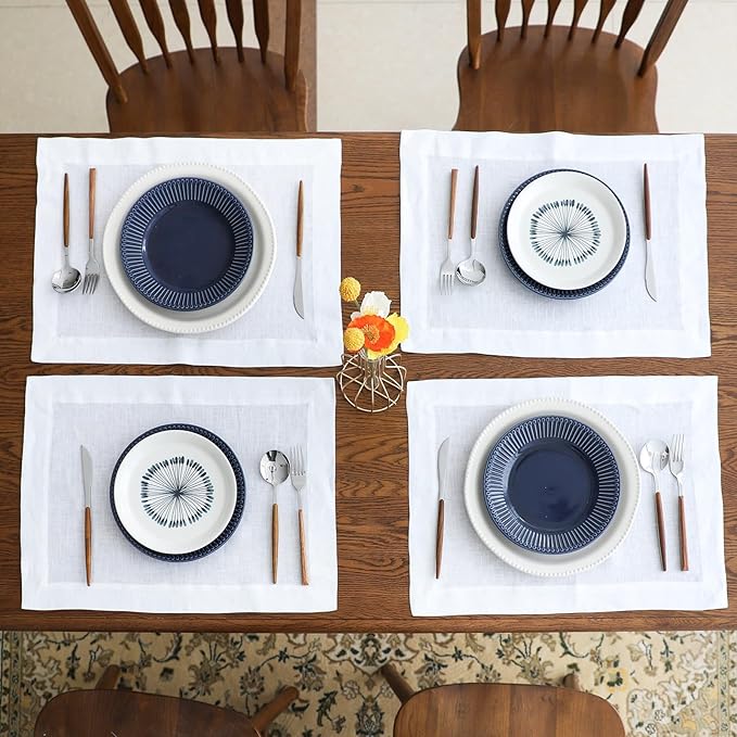 Simple&Opulence Linen Placemats Set of 4 – Hemstitched Dinner Cloth Placemats for Wedding,Party,Mothers Day,Easter – Machine Washable and Reusable 14"×19" White
