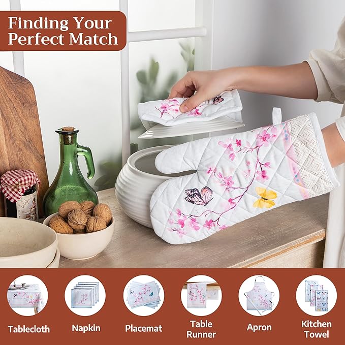 Maison d' Hermine 100% Cotton Oven Mitt & Pot Holder Set (7.5"x13" & 8"x8") Heat Resistant BBQ Cooking Gloves with Loop Grilling Kitchen Gifts for Mothers Day Spring/Summer (Blossoms in Spring)