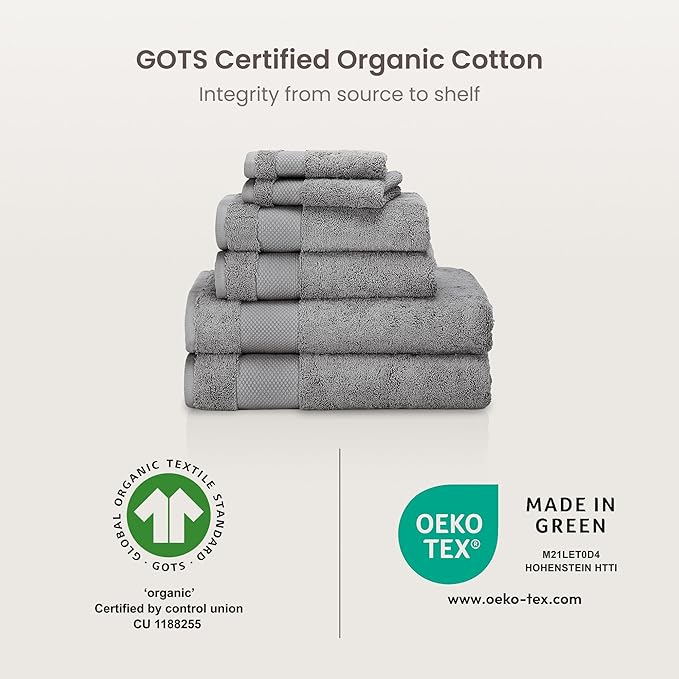 BIOWEAVES 100% Organic Cotton 700 GSM Plush Bath Towels 30" x 58" GOTS Certified - Light Grey, Pack of 2