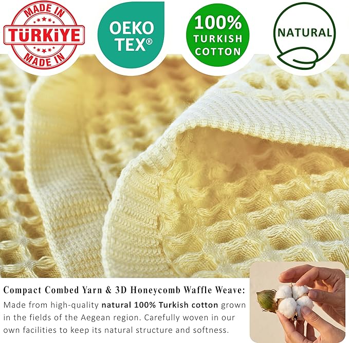 PÜSKÜL Natural 100% Turkish Cotton Waffle Bath Towels Set of 2-Piece | 32x63 Extra Large Absorbent Quick-Dry Lightweight Spa Towel | Decorative Guest Bathroom Towel (Yellow Bath Towels - Pack of 2)