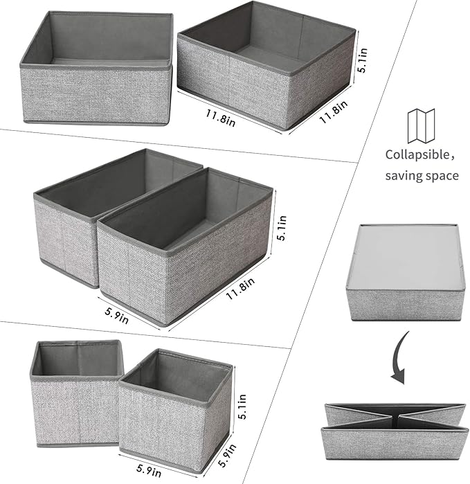 Criusia Foldable Underwear Drawer Organizer, Closet Dividers, Storage Box for Clothes, Socks (6 Bins, Gray) (Pack of 2)