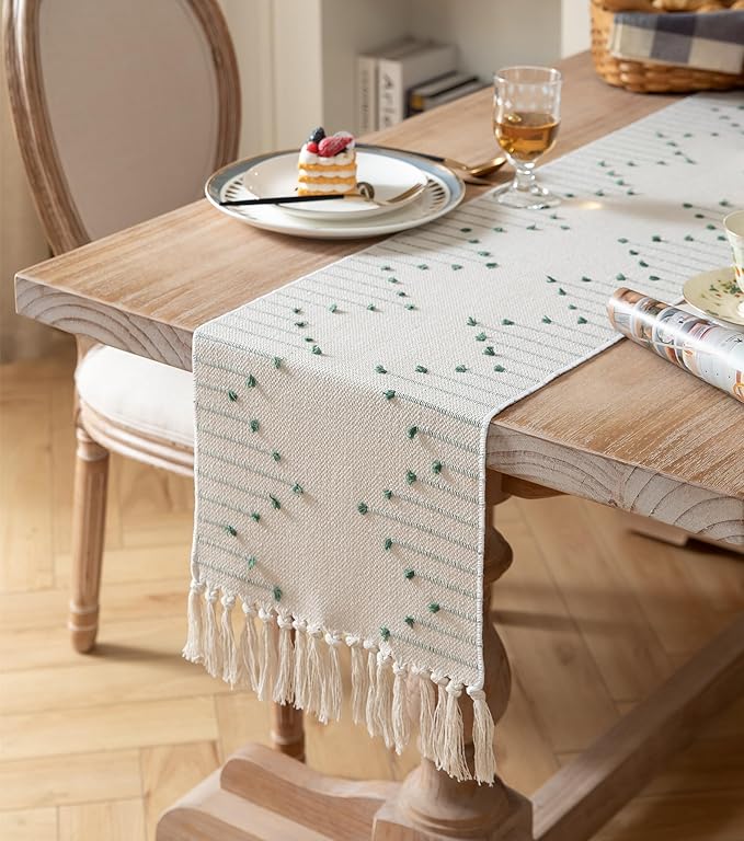 Boho Table Runner 13 x 108 Inch Long Natural Cotton Woven Runner with Tassels for Home Dining Table décor, for Modern Farmhouse Decor Coffee Table Runner, Green and Beige