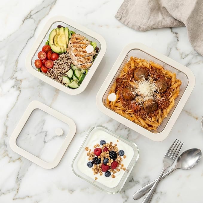 Urban Green Glass Food Container Set with Glass Lid, 6 Pack, Food Storage Containers Set, Airtight, LeakProof, Micowave Safe, 100% Plastic Free, Meal Prep Containers (White Color)