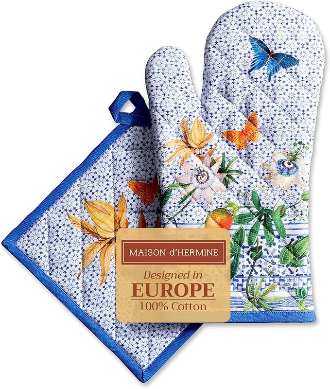 Maison d' Hermine 100% Cotton Oven Mitt & Pot Holder Set (7.5"x13" & 8"x8") Heat Resistant BBQ Cooking Gloves with Loop Baking Grilling Kitchen Gifts for Mothers Day Spring/Summer (Passiflora)