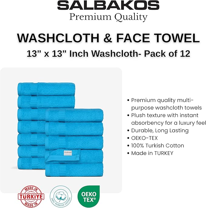 SALBAKOS 100% Turkish Cotton Washcloth Set of 12, 13x13 inch | Premium Quality | Hotel & Spa Collection | Ultra Soft, Super Absorbent, Wash Cloth Towels | Made in Turkey (Aqua, 12 Washcloths)