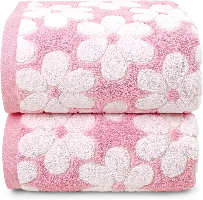 Jacquotha Pink Bath Towels Set of 2, Super Absorbent & Decorative 27.5x55 Inches, Cute Floral Jacquard Shower Towel for Bathroom Decor, Cotton