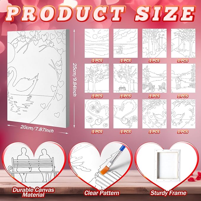 Motipuns 12 Set Couples Painting Kit Date Night Sip and Paint Kit for Adults Pre Drawn Canvas to Paint at Home Valentines Day Party Favor Supplies Couples Activity Romantic 8x10 Canvas Painting