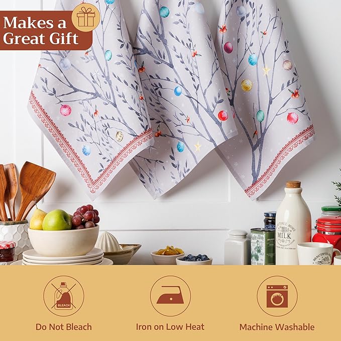 Maison d' Hermine Kitchen Towels Set of 3 100% Cotton 20" x 27.5" Reusable Cloth Tea Dish Towels Absorbent with Hanging Loop for Kitchen Dining Thanksgiving Christmas Decorations (Fairy Christmas)